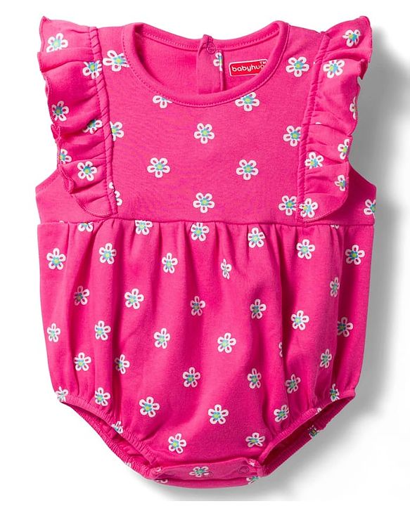 Babyhug 100% Cotton Knit Frill Sleeves Onesie with Hairband & Booties Set with Floral Print - Pink
