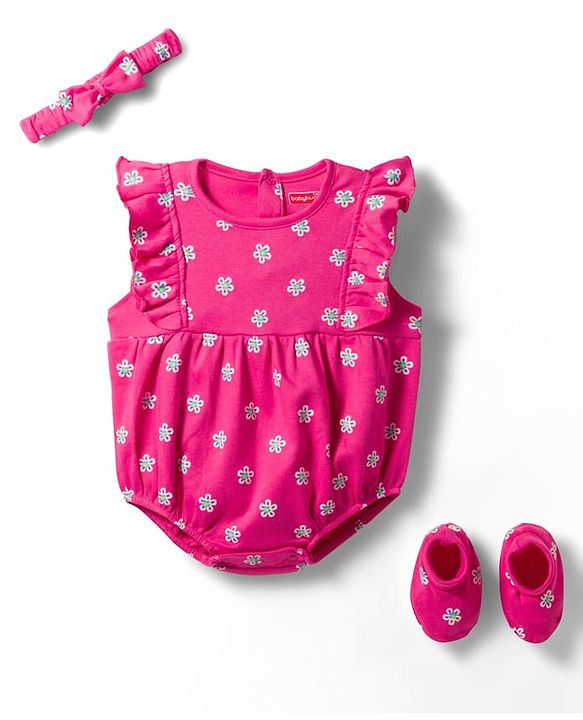 Babyhug 100% Cotton Knit Frill Sleeves Onesie with Hairband & Booties Set with Floral Print - Pink