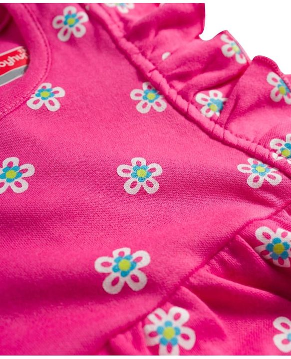Babyhug 100% Cotton Knit Frill Sleeves Onesie with Hairband & Booties Set with Floral Print - Pink