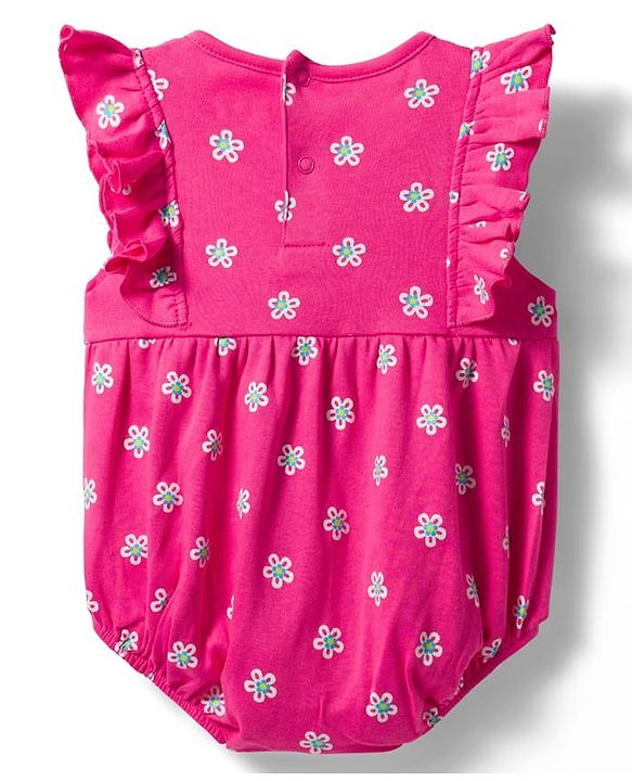 Babyhug 100% Cotton Knit Frill Sleeves Onesie with Hairband & Booties Set with Floral Print - Pink