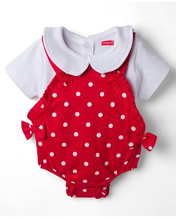 Babyhug 100% Cotton Knit Half Sleeves Onesie with Hairband & Polka Dot Print - Red
