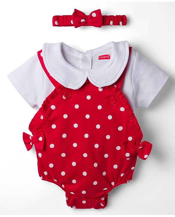 Babyhug 100% Cotton Knit Half Sleeves Onesie with Hairband & Polka Dot Print - Red