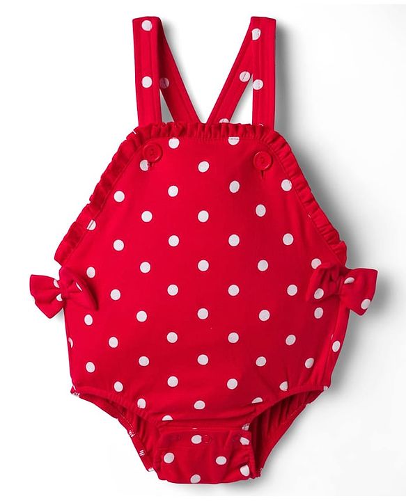 Babyhug 100% Cotton Knit Half Sleeves Onesie with Hairband & Polka Dot Print - Red