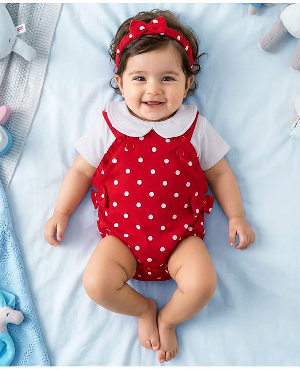 Babyhug 100% Cotton Knit Half Sleeves Onesie with Hairband & Polka Dot Print - Red