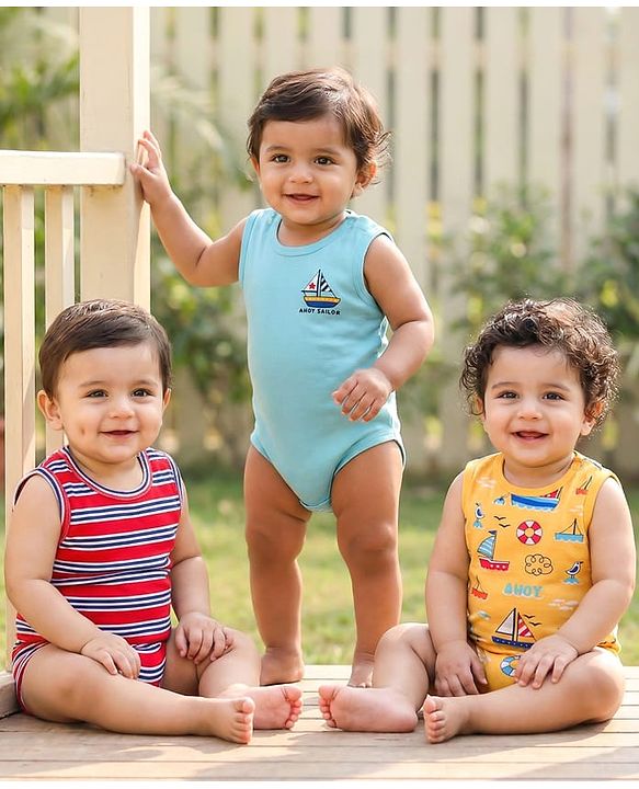 Babyhug 100% Cotton Knit Sleeveless Striped & Boat Printed Onesies Pack of 3 - Multicolor