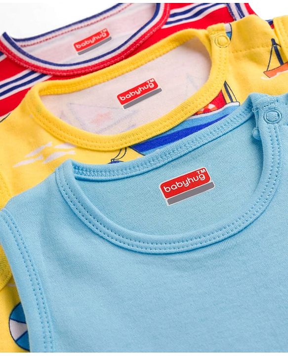 Babyhug 100% Cotton Knit Sleeveless Striped & Boat Printed Onesies Pack of 3 - Multicolor