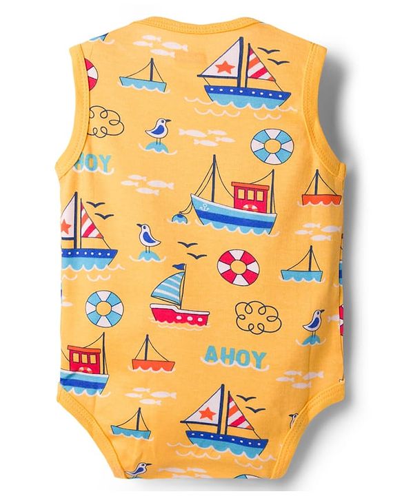 Babyhug 100% Cotton Knit Sleeveless Striped & Boat Printed Onesies Pack of 3 - Multicolor