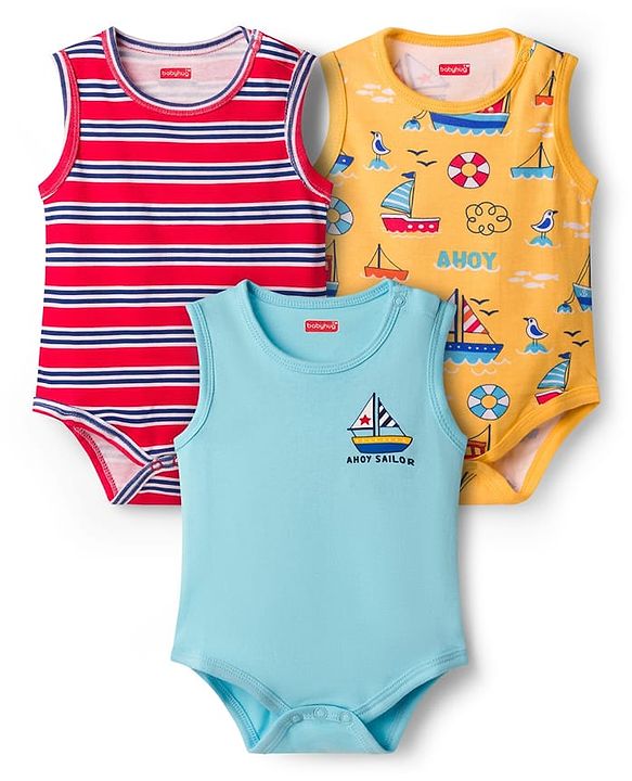 Babyhug 100% Cotton Knit Sleeveless Striped & Boat Printed Onesies Pack of 3 - Multicolor