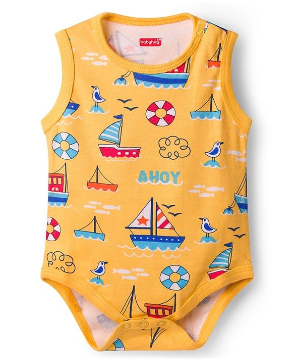 Babyhug 100% Cotton Knit Sleeveless Striped & Boat Printed Onesies Pack of 3 - Multicolor