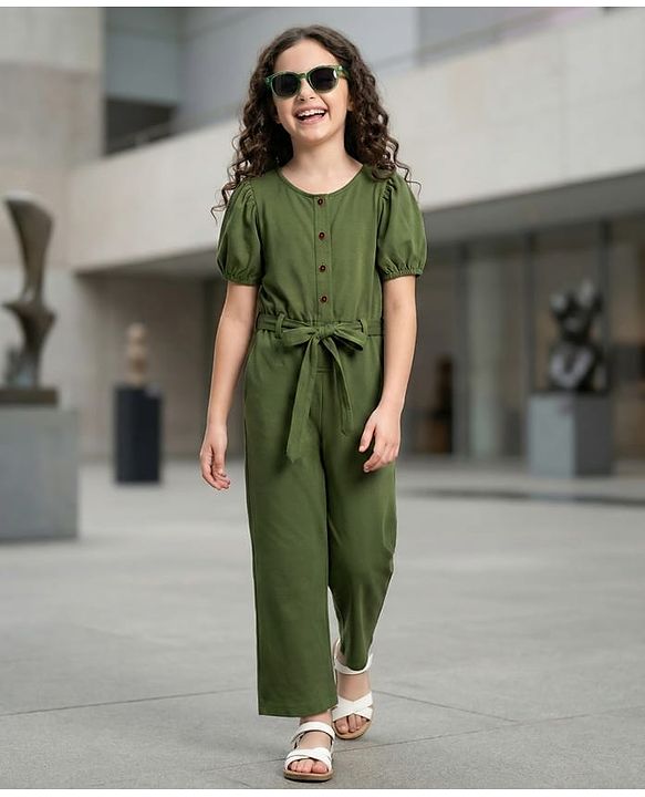 Pine Kids Cotton Knit Half Puffed Sleeves Solid Colour Full Length Jumpsuit - Dark Green