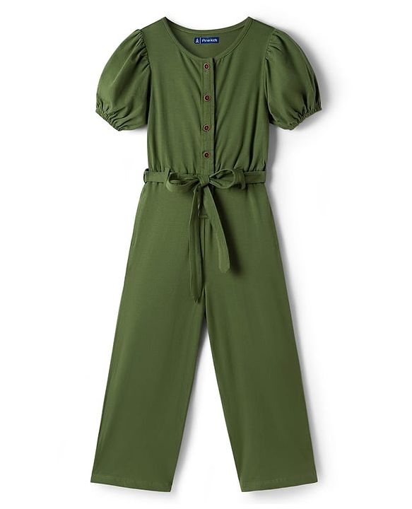 Pine Kids Cotton Knit Half Puffed Sleeves Solid Colour Full Length Jumpsuit - Dark Green