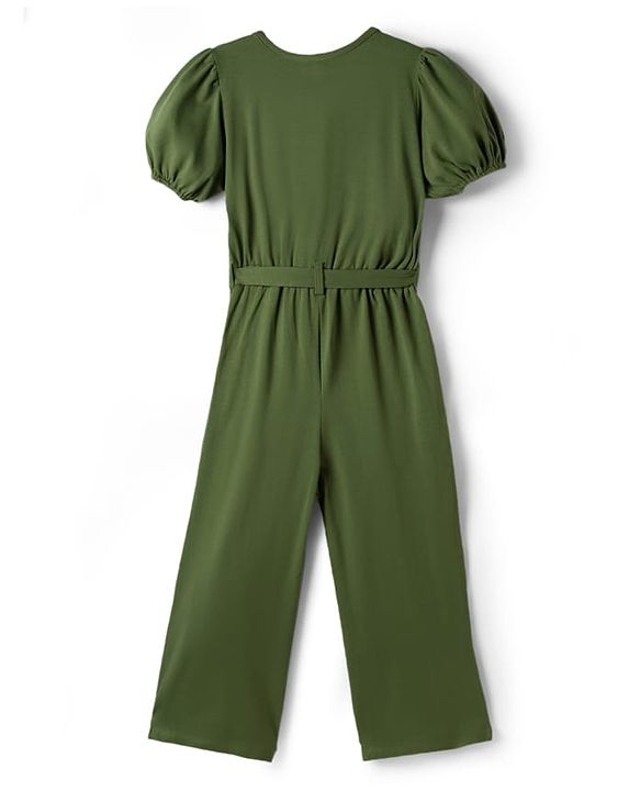 Pine Kids Cotton Knit Half Puffed Sleeves Solid Colour Full Length Jumpsuit - Dark Green