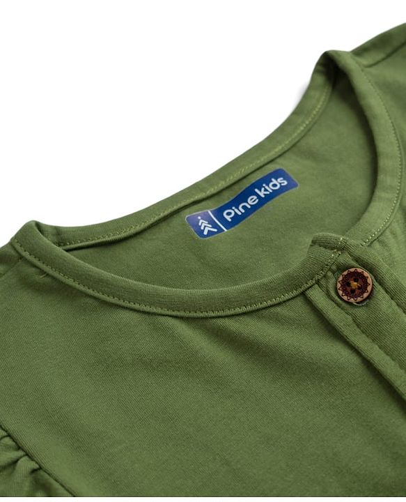 Pine Kids Cotton Knit Half Puffed Sleeves Solid Colour Full Length Jumpsuit - Dark Green