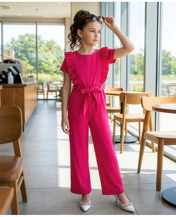 Pine Kids Cotton Knit Half Puffed Sleeves Solid Colour Full Length Jumpsuit with Frill Detailing - Dark Pink