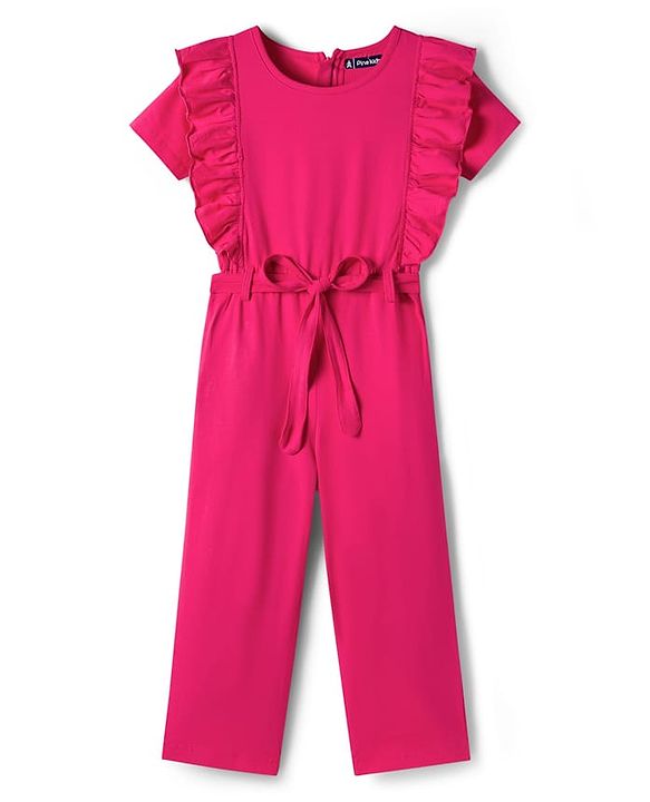 Pine Kids Cotton Knit Half Puffed Sleeves Solid Colour Full Length Jumpsuit with Frill Detailing - Dark Pink