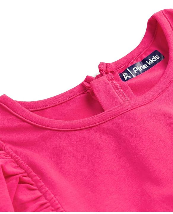 Pine Kids Cotton Knit Half Puffed Sleeves Solid Colour Full Length Jumpsuit with Frill Detailing - Dark Pink