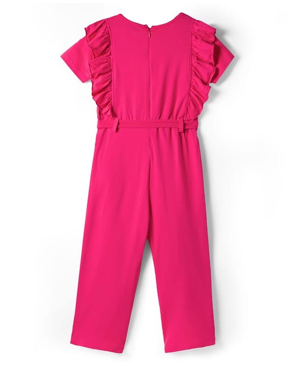 Pine Kids Cotton Knit Half Puffed Sleeves Solid Colour Full Length Jumpsuit with Frill Detailing - Dark Pink