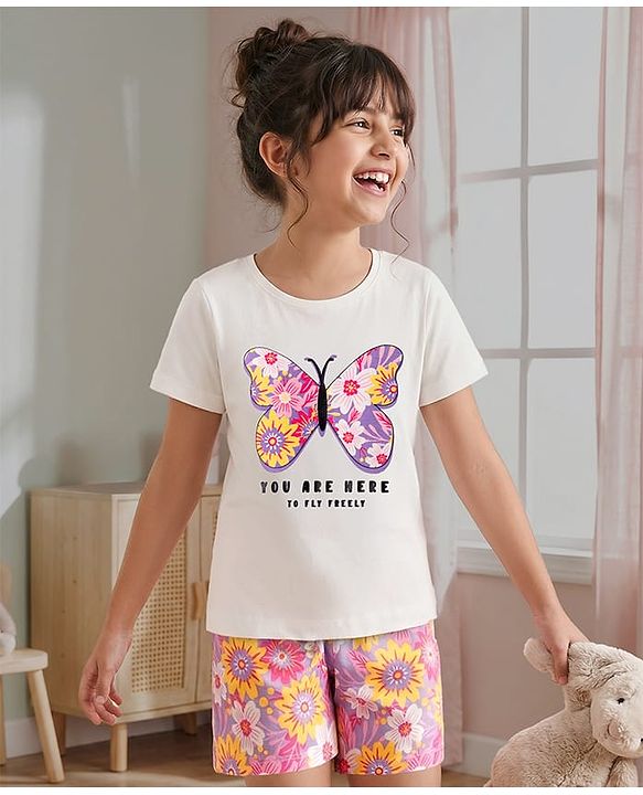 Pine Kids Single Jersey Knit Half Sleeves T-Shirt & Shorts Night Suit with Floral & Butterfly Print - Lilac & White