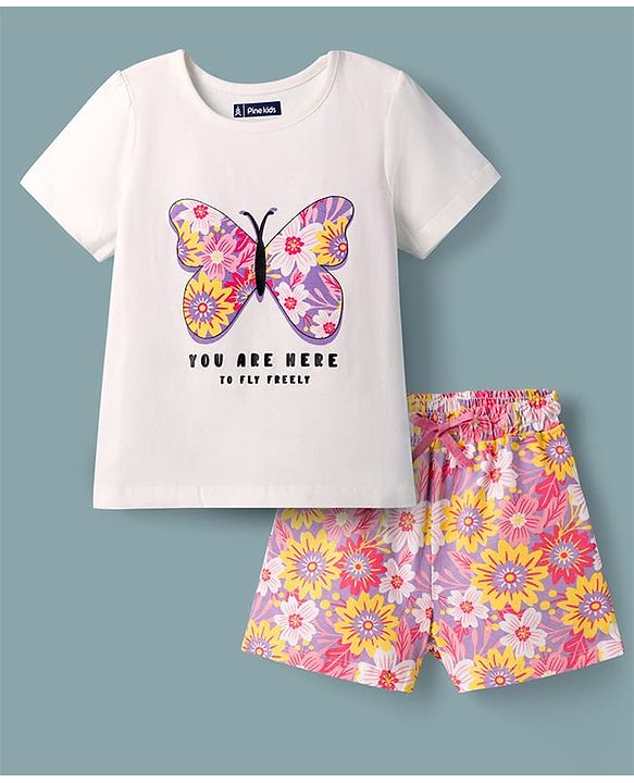 Pine Kids Single Jersey Knit Half Sleeves T-Shirt & Shorts Night Suit with Floral & Butterfly Print - Lilac & White