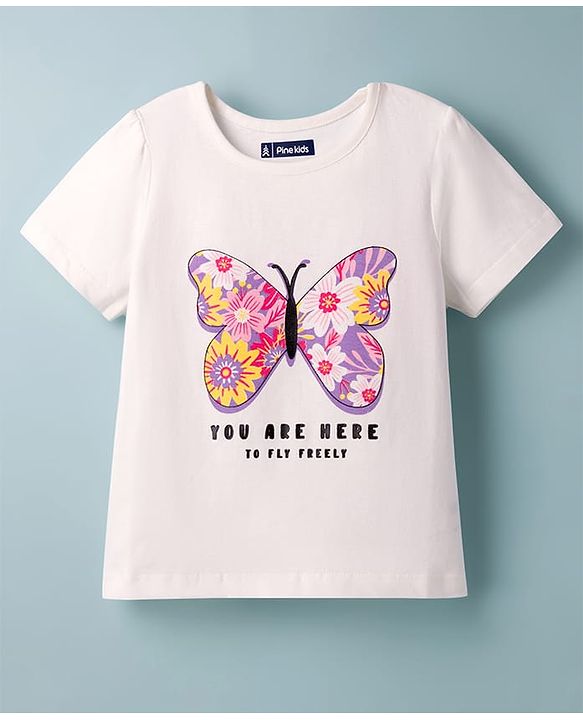 Pine Kids Single Jersey Knit Half Sleeves T-Shirt & Shorts Night Suit with Floral & Butterfly Print - Lilac & White