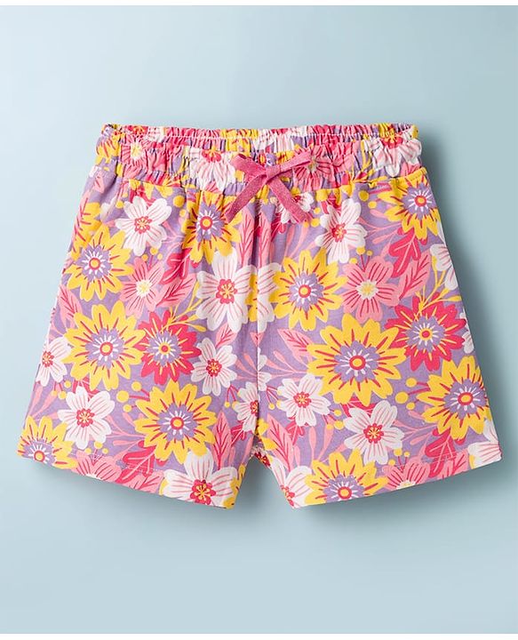 Pine Kids Single Jersey Knit Half Sleeves T-Shirt & Shorts Night Suit with Floral & Butterfly Print - Lilac & White