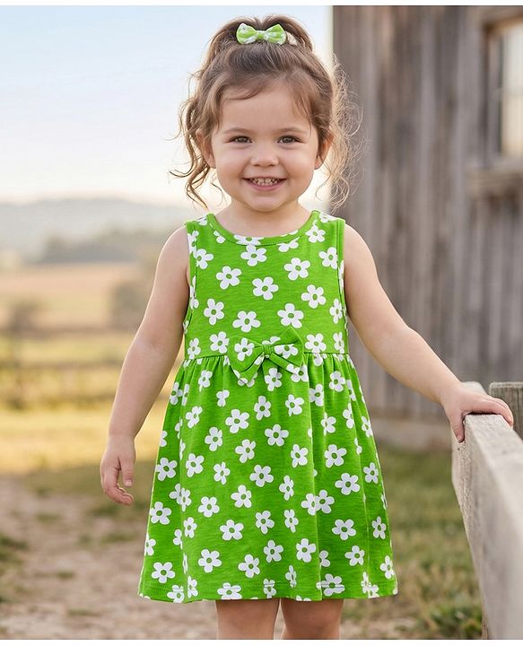 Babyhug Single Jersey Knit Sleeveless Frock with Floral Print & Bow Applique - Green