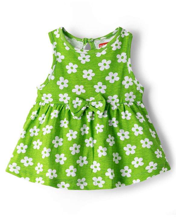 Babyhug Single Jersey Knit Sleeveless Frock with Floral Print & Bow Applique - Green