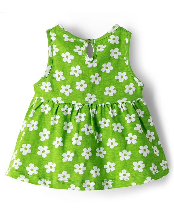 Babyhug Single Jersey Knit Sleeveless Frock with Floral Print & Bow Applique - Green