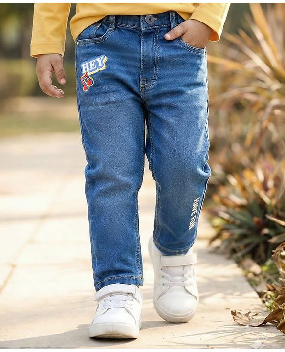 Babyhug Full Length Washed Denim Jeans With Text Print & Stretch - Blue