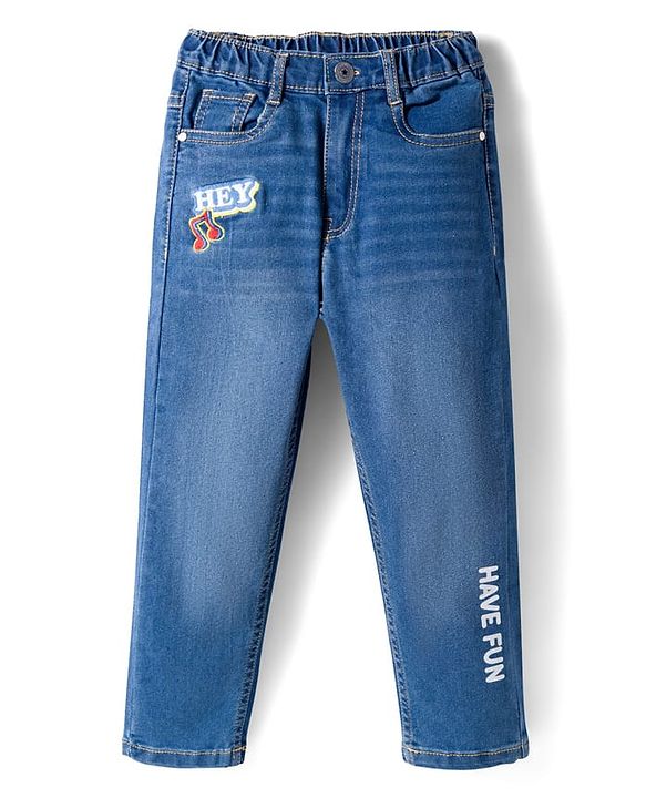 Babyhug Full Length Washed Denim Jeans With Text Print & Stretch - Blue