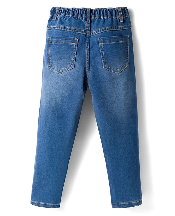 Babyhug Full Length Washed Denim Jeans With Text Print & Stretch - Blue