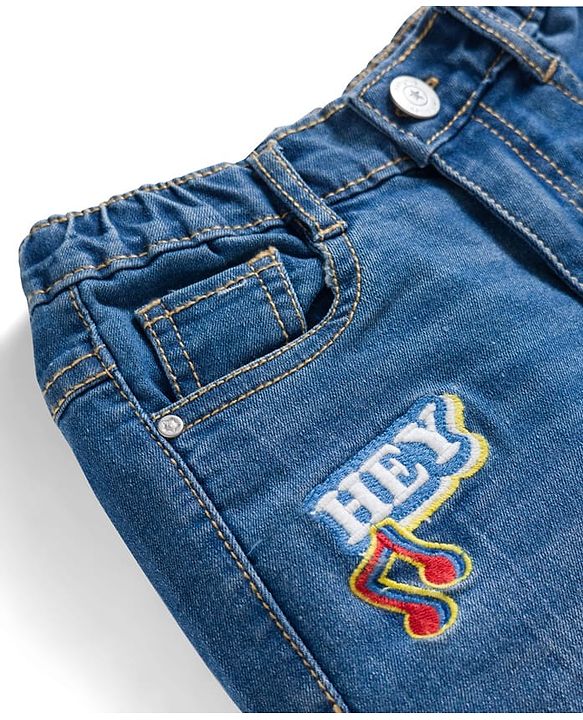 Babyhug Full Length Washed Denim Jeans With Text Print & Stretch - Blue