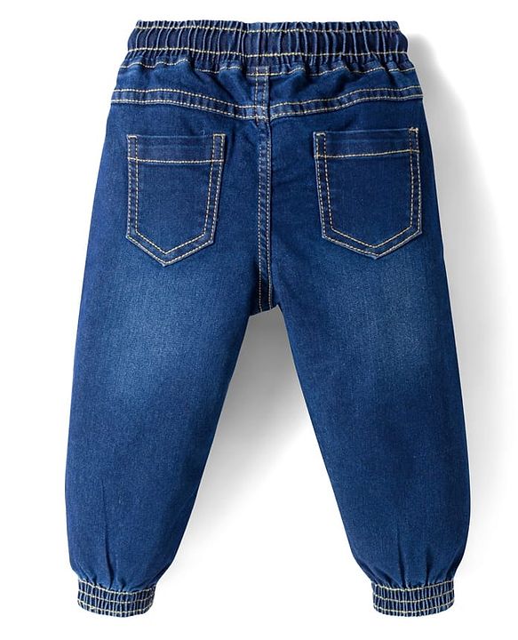 Babyhug Full Length Washed Denim Jeans With Patch Detailing & Stretch - Blue