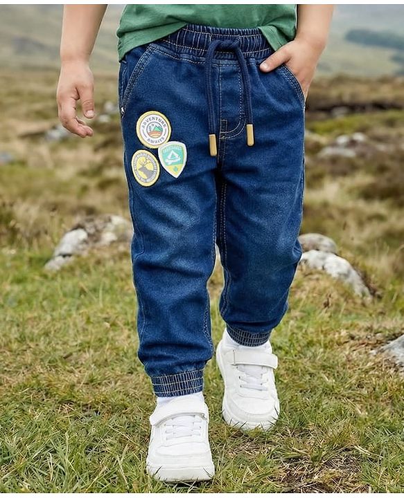 Babyhug Full Length Washed Denim Jeans With Patch Detailing & Stretch - Blue