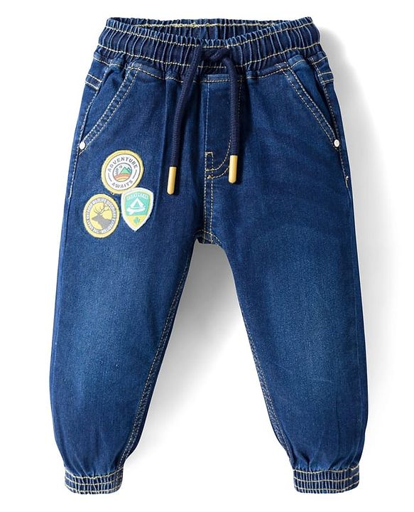 Babyhug Full Length Washed Denim Jeans With Patch Detailing & Stretch - Blue