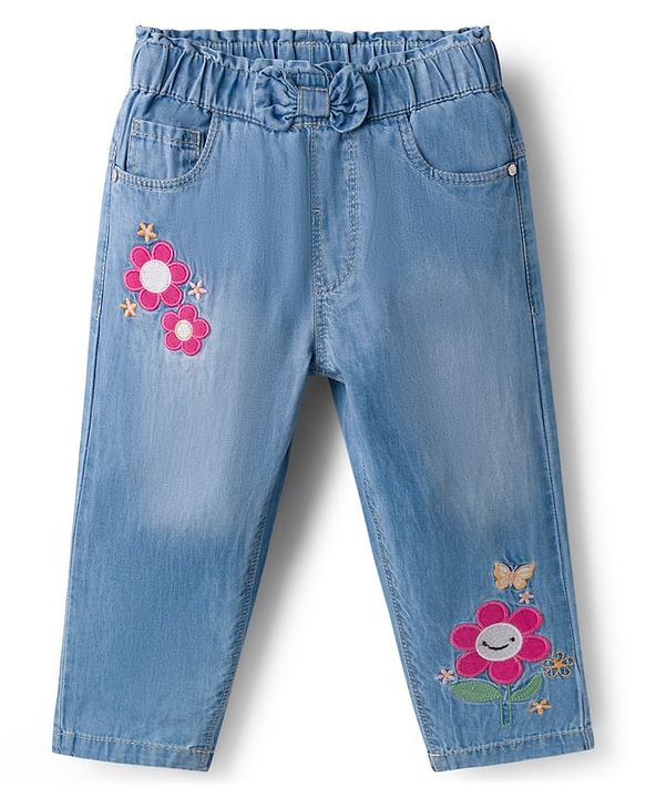 Babyhug Full Length Washed Denim Jeans With Floral Embroidery & Stretch - Light Blue