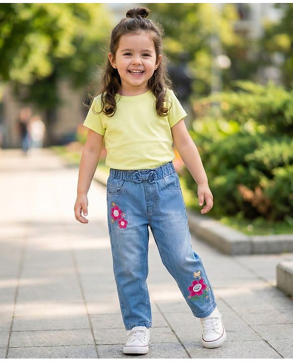 Babyhug Full Length Washed Denim Jeans With Floral Embroidery & Stretch - Light Blue
