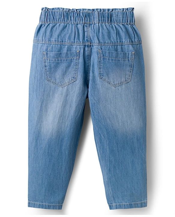 Babyhug Full Length Washed Denim Jeans With Floral Embroidery & Stretch - Light Blue
