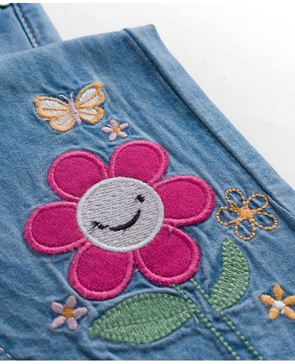 Babyhug Full Length Washed Denim Jeans With Floral Embroidery & Stretch - Light Blue