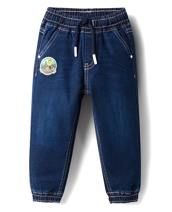 Babyhug Full Length Denim Jeans with Stretch & Patch Detailing - Navy Blue