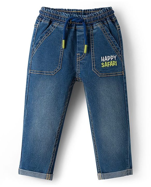 Babyhug Full Length Denim Jeans with Happy Safari Embroidery - Blue
