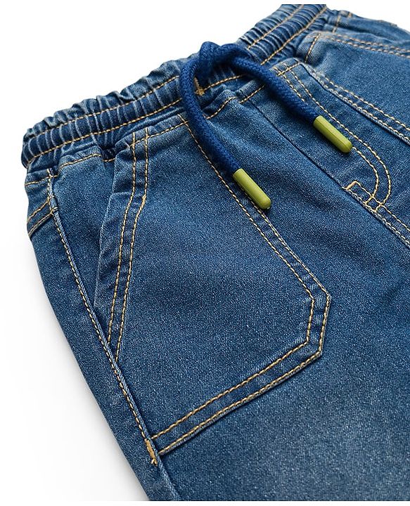 Babyhug Full Length Denim Jeans with Happy Safari Embroidery - Blue