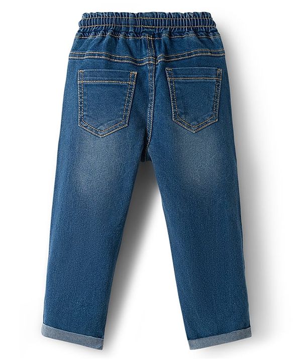 Babyhug Full Length Denim Jeans with Happy Safari Embroidery - Blue