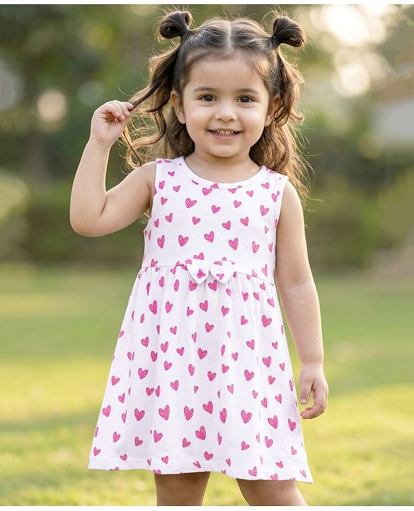Babyhug Single Jersey Knit Sleeveless Frock with Heart Print & Bow Applique - White & Pink