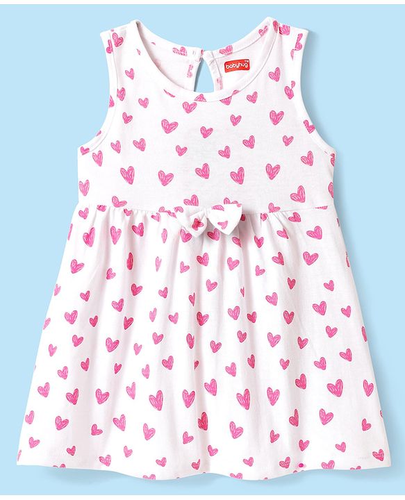 Babyhug Single Jersey Knit Sleeveless Frock with Heart Print & Bow Applique - White & Pink