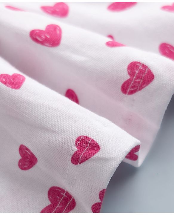 Babyhug Single Jersey Knit Sleeveless Frock with Heart Print & Bow Applique - White & Pink