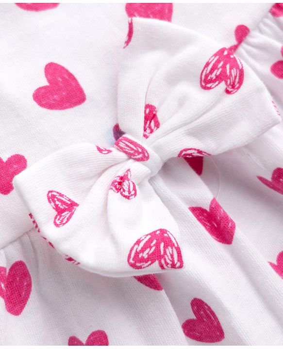 Babyhug Single Jersey Knit Sleeveless Frock with Heart Print & Bow Applique - White & Pink