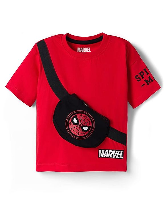 Babyhug Marvel Terry Knit Half Sleeves Oversize Drop Shouder T-Shirt With Functional Bag - Red