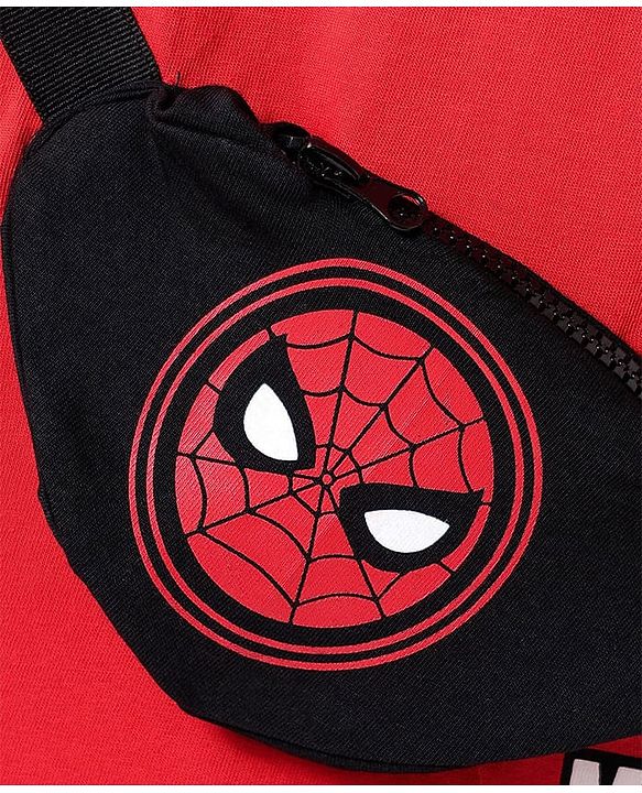 Babyhug Marvel Terry Knit Half Sleeves Oversize Drop Shouder T-Shirt With Functional Bag - Red