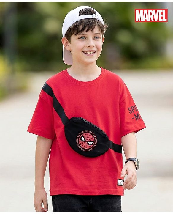 Pine Kids Marvel Terry Knit Drop Shoulder Half Sleeves T-Shirt With Functional Bag Applique - Red